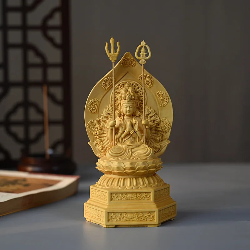 Solid wood  Statue of  Thousand-Hand Guanyin on Lotus Terrace Statue Wooden carved buddha Home Decoration Feng Shui Statue