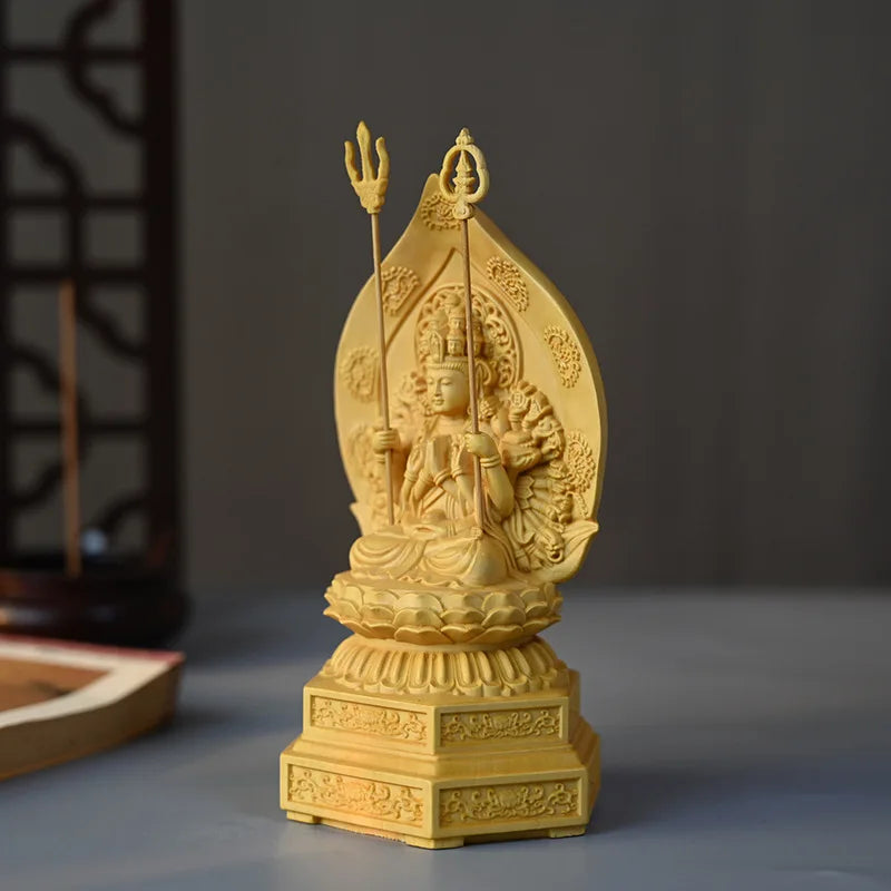 Solid wood  Statue of  Thousand-Hand Guanyin on Lotus Terrace Statue Wooden carved buddha Home Decoration Feng Shui Statue