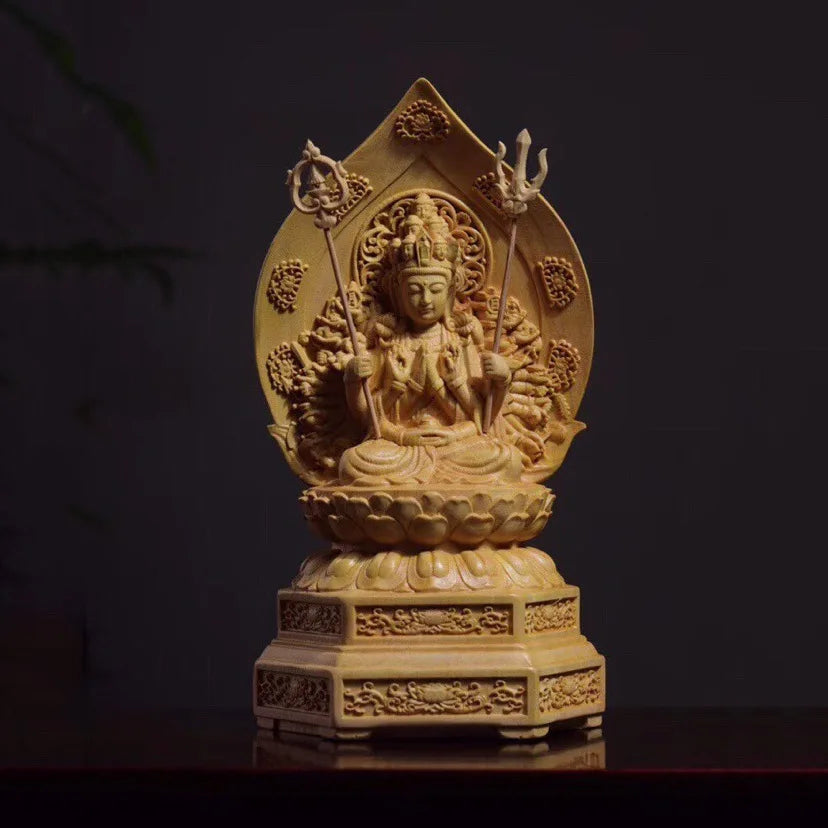 Solid wood  Statue of  Thousand-Hand Guanyin on Lotus Terrace Statue Wooden carved buddha Home Decoration Feng Shui Statue