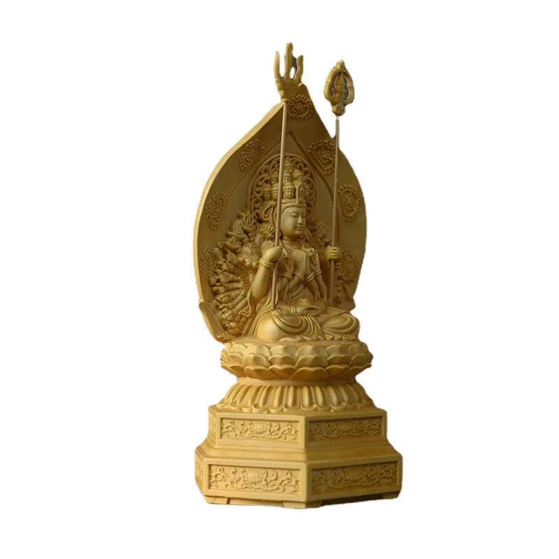 Solid wood  Statue of  Thousand-Hand Guanyin on Lotus Terrace Statue Wooden carved buddha Home Decoration Feng Shui Statue