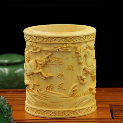 Solid wood carved pencil holder, boxwood arts and crafts decoration, home furnishings, gift, artwork made