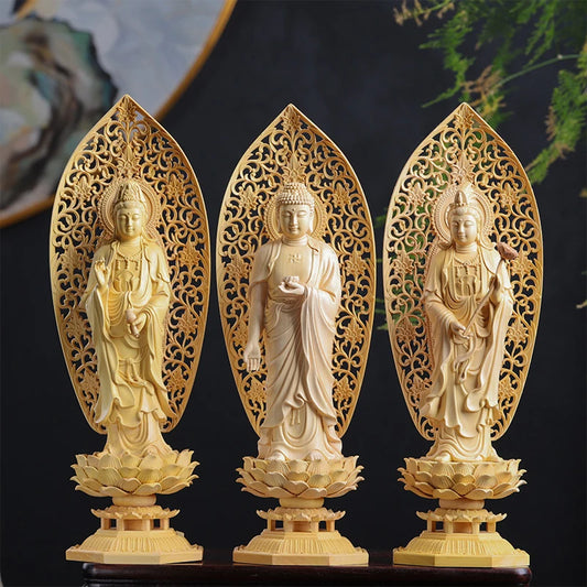 Solid wood carving 43cm statue of Amitabha，Semi-hand carved Buddha statue Feng Shui Decoration Statue for Home Living Room