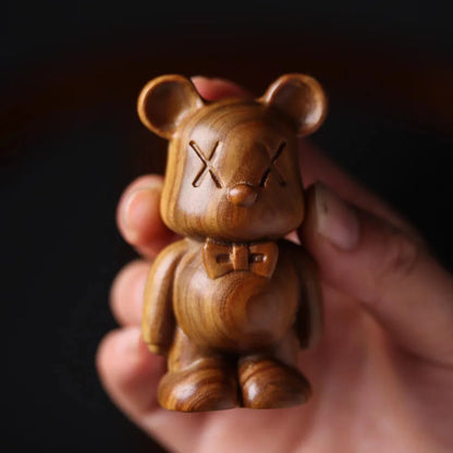 Solid wood carving Bear Decorative small model，Hand-carved Cute animals Home bedroom Office desktop decoration 7cm, 11cm