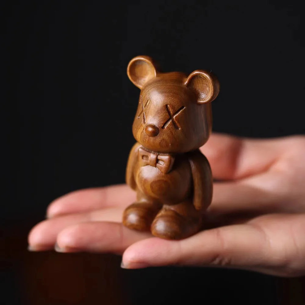 Solid wood carving Bear Decorative small model，Hand-carved Cute animals Home bedroom Office desktop decoration 7cm, 11cm