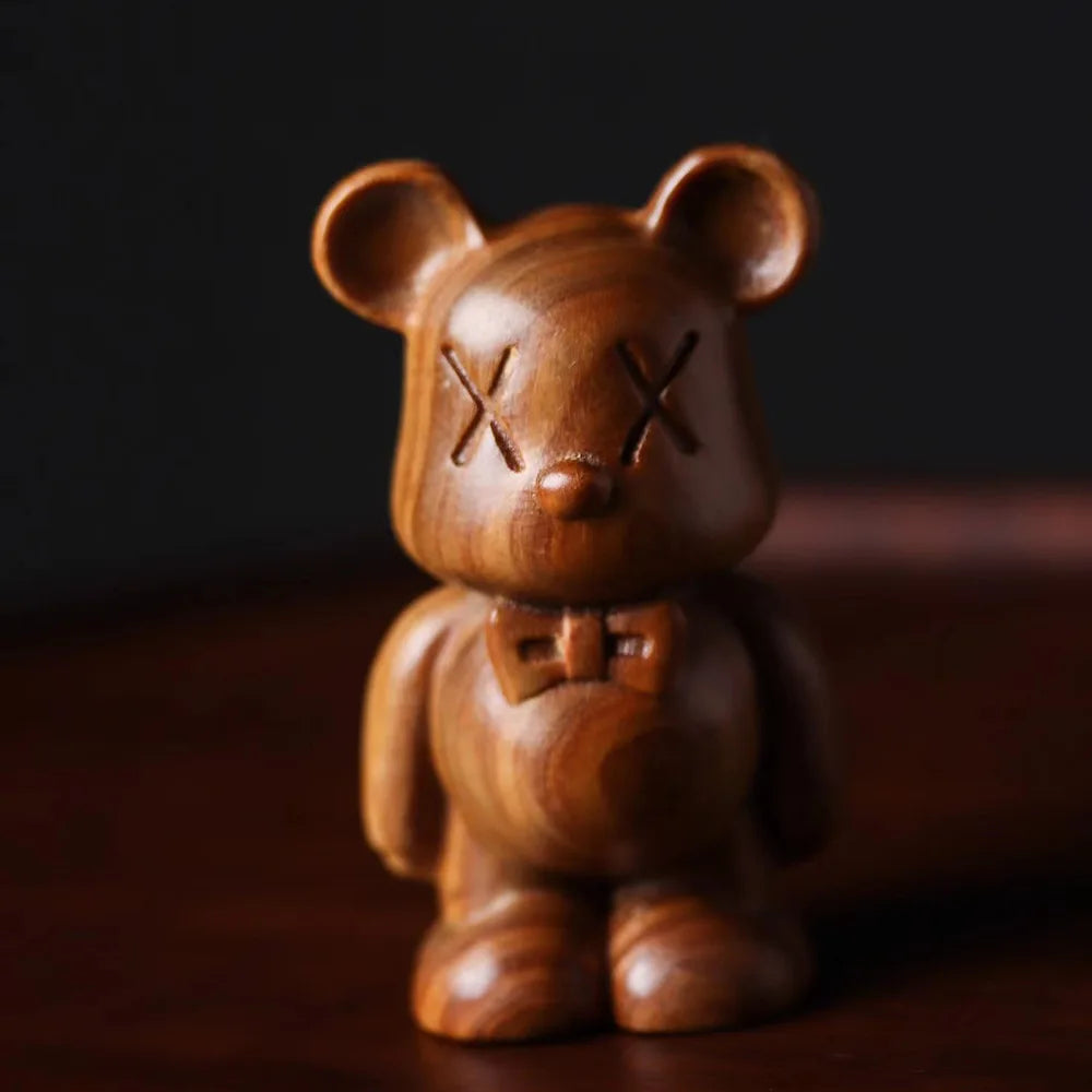 Solid wood carving Bear Decorative small model，Hand-carved Cute animals Home bedroom Office desktop decoration 7cm, 11cm
