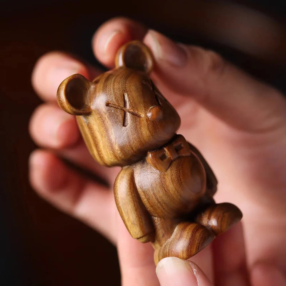 Solid wood carving Bear Decorative small model，Hand-carved Cute animals Home bedroom Office desktop decoration 7cm, 11cm