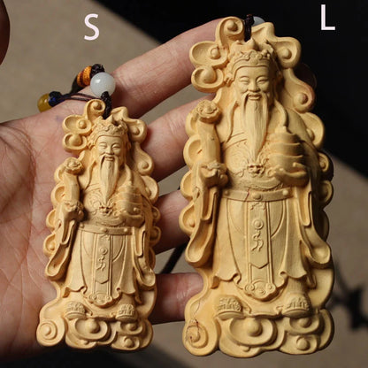 Solid wood carving God of Wealth pendant，Traditional hand carving，Wooden Home car Decorative statue，Gift souvenirs
