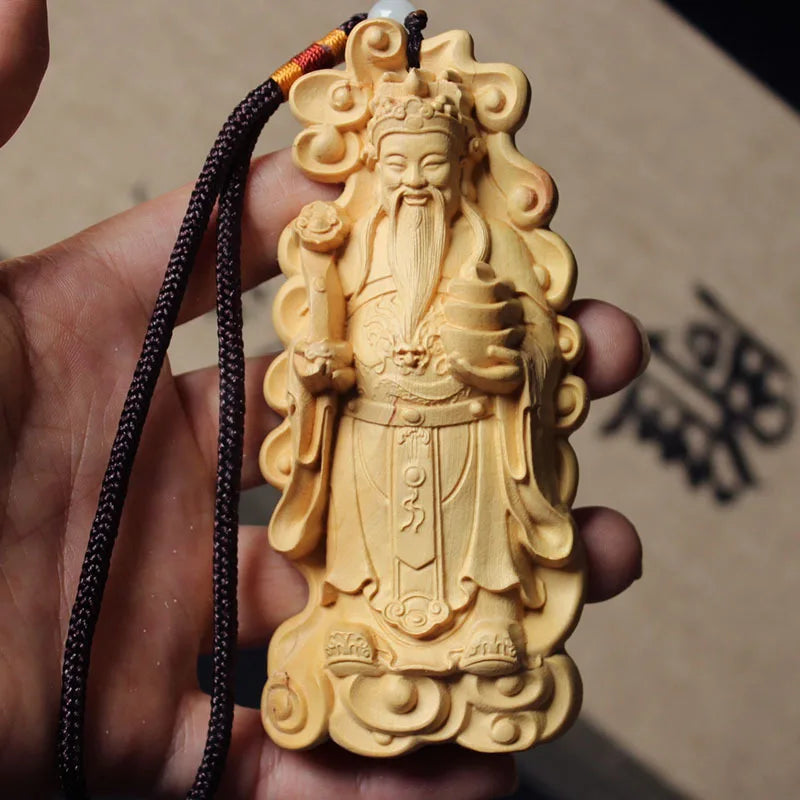 Solid wood carving God of Wealth pendant，Traditional hand carving，Wooden Home car Decorative statue，Gift souvenirs