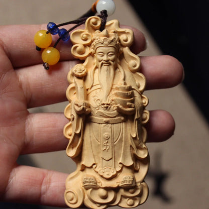 Solid wood carving God of Wealth pendant，Traditional hand carving，Wooden Home car Decorative statue，Gift souvenirs