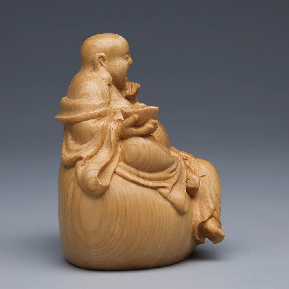 Solid wood carving Ingot Maitreya Buddhastatue ，Chinese Lucky Laughing Buddha， Modern hand-carved Home living room decoration