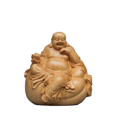 Solid wood carving Ingot Maitreya Buddhastatue ，Chinese Lucky Laughing Buddha， Modern hand-carved Home living room decoration