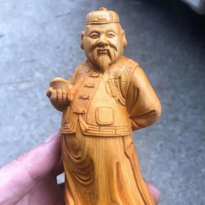 Solid wood carving- Landlord God of Wealth Statue，Traditional hand-carved ，Home Living Room Bedroom Cute Character Decoration