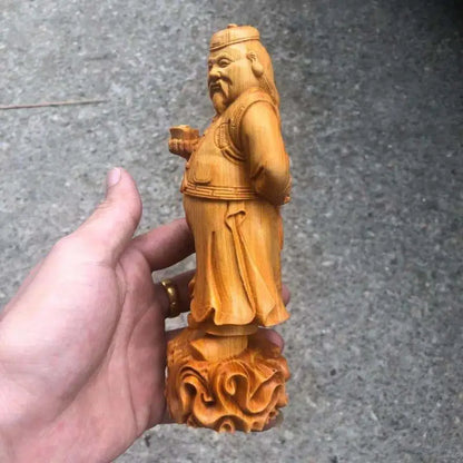 Solid wood carving- Landlord God of Wealth Statue，Traditional hand-carved ，Home Living Room Bedroom Cute Character Decoration