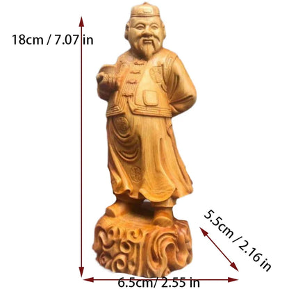 Solid wood carving- Landlord God of Wealth Statue，Traditional hand-carved ，Home Living Room Bedroom Cute Character Decoration