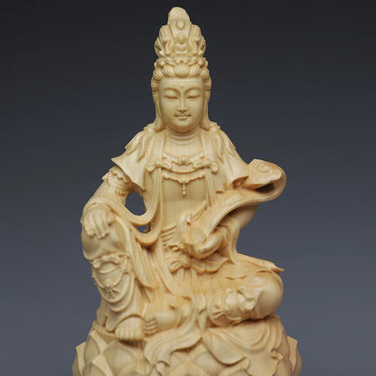 Solid wood carving Lotus Guanyin Statue Chinese Buddha Statue Modern hand-carved Home Feng Shui Decoration Ornaments