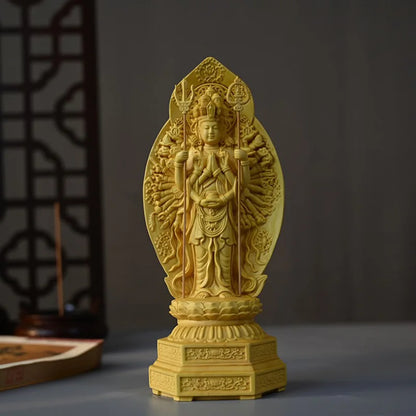 Solid wood carving Thousand-Hand Guanyin Buddha Statue，Three-dimensional carving，Home Living Room Decoration Feng Shui Statue
