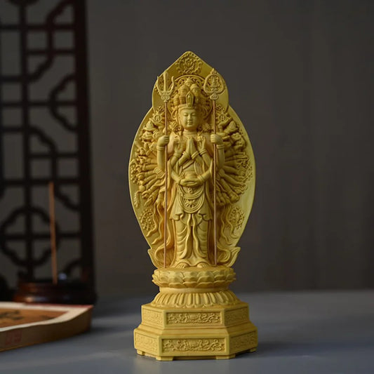 Solid wood carving Thousand-Hand Guanyin Buddha Statue，Three-dimensional carving，Home Living Room Decoration Feng Shui Statue