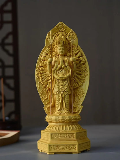 Solid wood carving Thousand-Hand Guanyin Buddha Statue，Three-dimensional carving，Home Living Room Decoration Feng Shui Statue