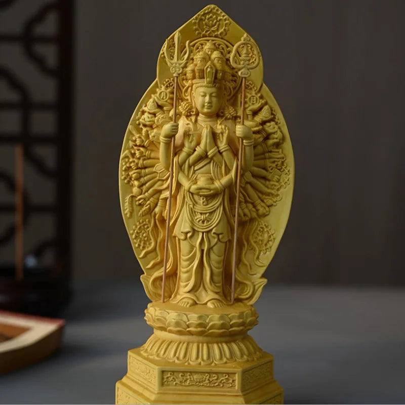 Solid wood carving Thousand-Hand Guanyin Buddha Statue，Three-dimensional carving，Home Living Room Decoration Feng Shui Statue