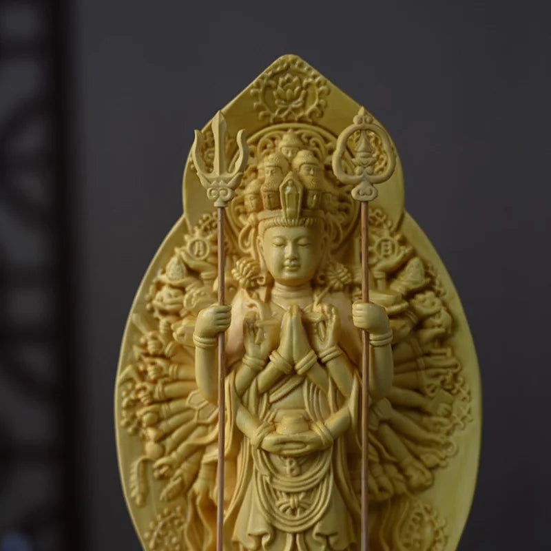 Solid wood carving Thousand-Hand Guanyin Buddha Statue，Three-dimensional carving，Home Living Room Decoration Feng Shui Statue