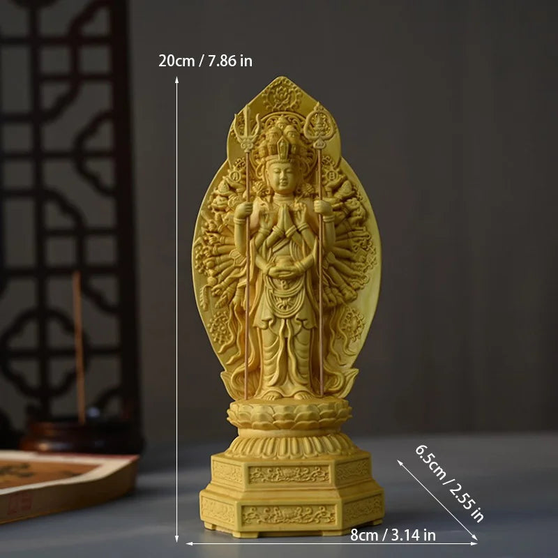 Solid wood carving Thousand-Hand Guanyin Buddha Statue，Three-dimensional carving，Home Living Room Decoration Feng Shui Statue