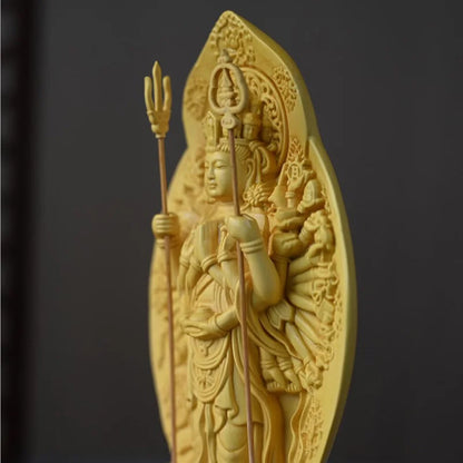 Solid wood carving Thousand-Hand Guanyin Buddha Statue，Three-dimensional carving，Home Living Room Decoration Feng Shui Statue