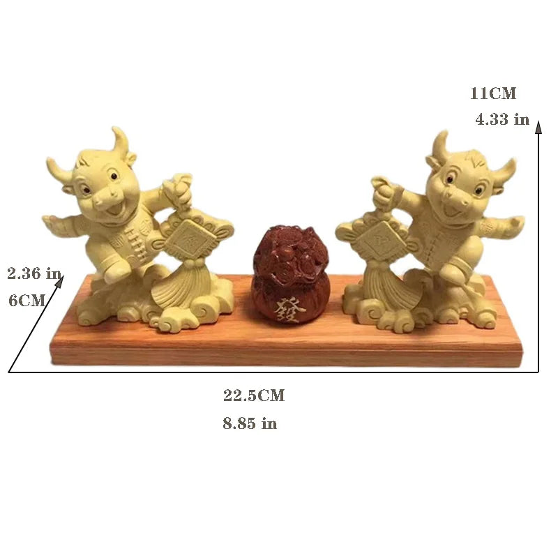 Solid wood festive statue of the Year of the Ox, Hand carved，Zodiac ox ornaments，Home decoration accessories Chinese gifts