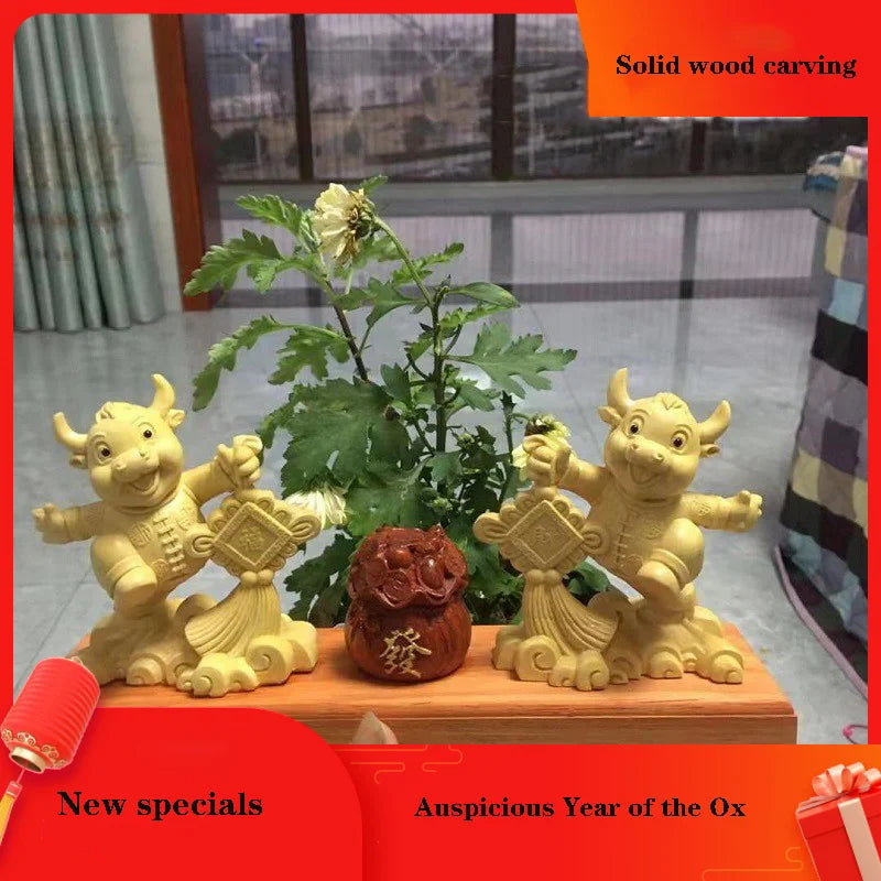 Solid wood festive statue of the Year of the Ox, Hand carved，Zodiac ox ornaments，Home decoration accessories Chinese gifts