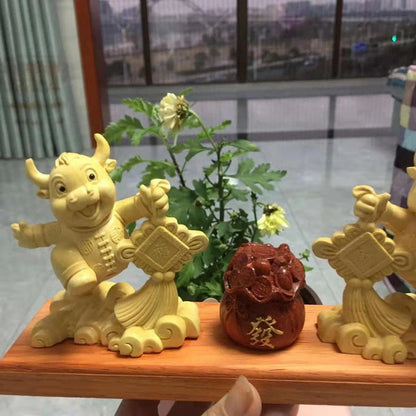 Solid wood festive statue of the Year of the Ox, Hand carved，Zodiac ox ornaments，Home decoration accessories Chinese gifts