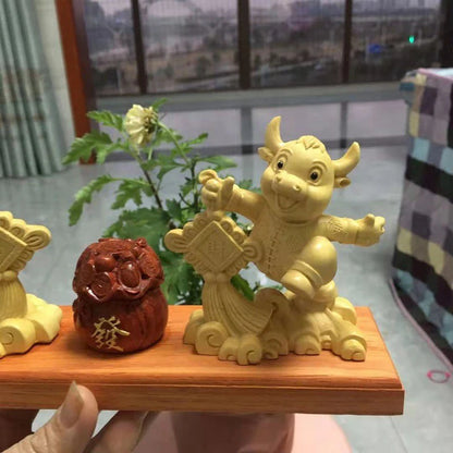 Solid wood festive statue of the Year of the Ox, Hand carved，Zodiac ox ornaments，Home decoration accessories Chinese gifts