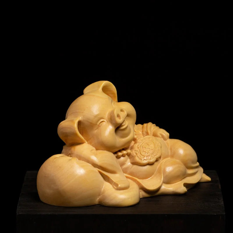 Solid wood fortune piggy ornament hand carved cute animals Home Living Room Bedroom Office Figurines best gift