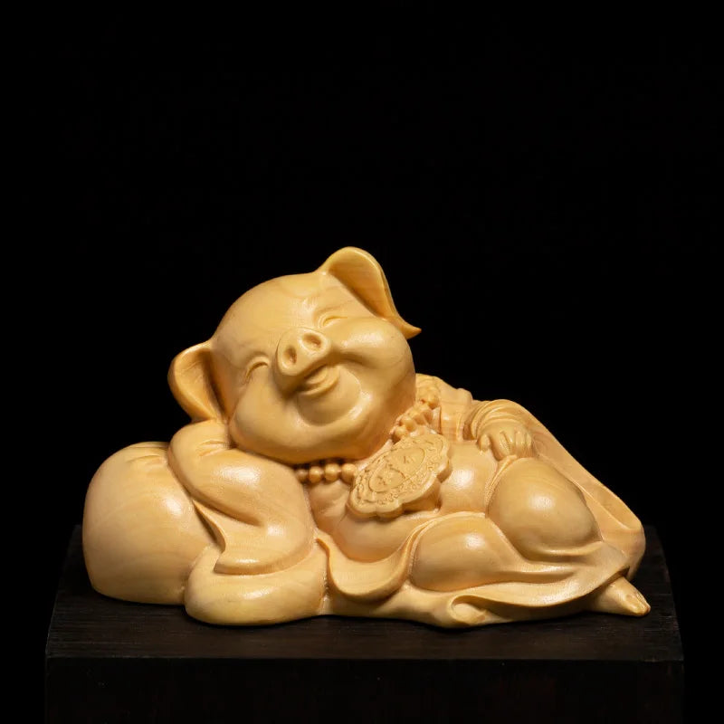 Solid wood fortune piggy ornament hand carved cute animals Home Living Room Bedroom Office Figurines best gift