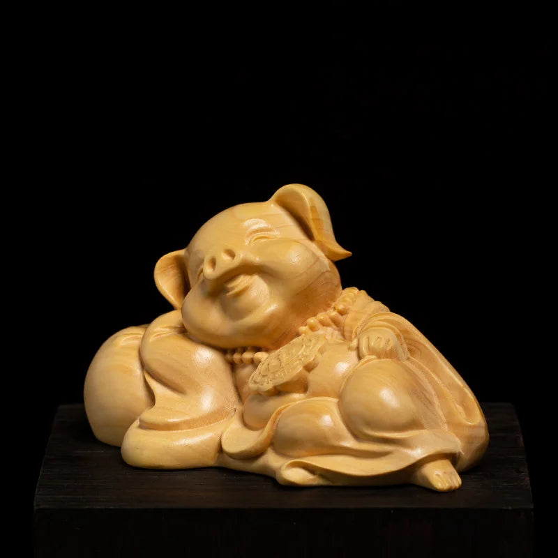 Solid wood fortune piggy ornament hand carved cute animals Home Living Room Bedroom Office Figurines best gift