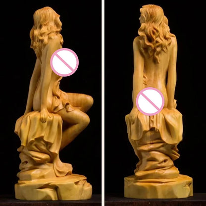 Solid wood goddess statue，Modern art sculpture，Character nude art ornaments，Home living room bedroom decoration statue