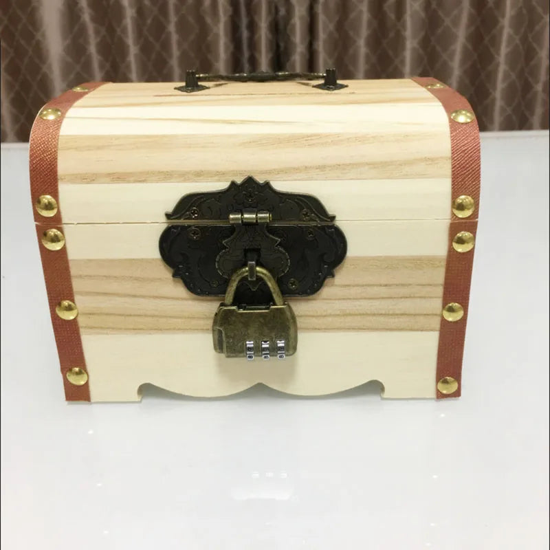 Solid wood retro piggy bank， Wooden color matching money box， Brass lock with 3 digits password，Children's storage box