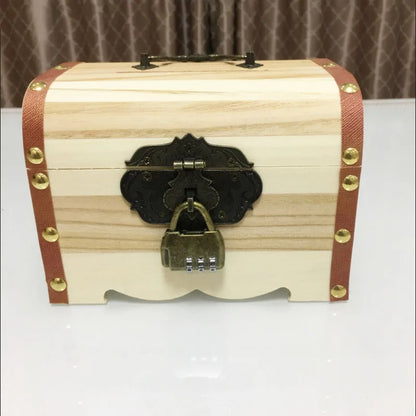 Solid wood retro piggy bank， Wooden color matching money box， Brass lock with 3 digits password，Children's storage box
