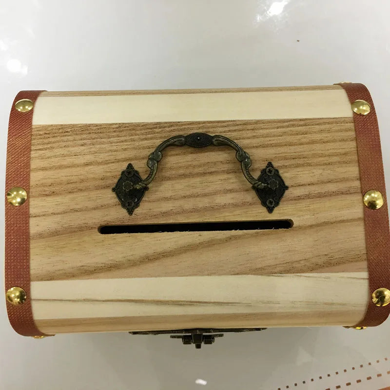 Solid wood retro piggy bank， Wooden color matching money box， Brass lock with 3 digits password，Children's storage box