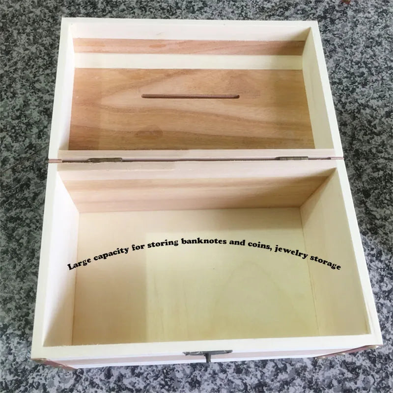 Solid wood retro piggy bank， Wooden color matching money box， Brass lock with 3 digits password，Children's storage box