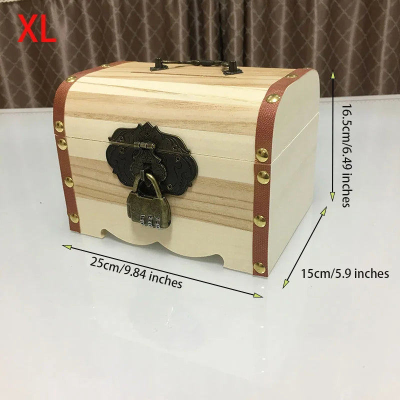 Solid wood retro piggy bank， Wooden color matching money box， Brass lock with 3 digits password，Children's storage box
