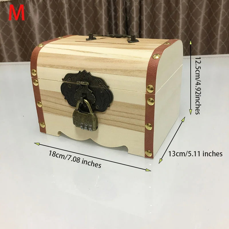 Solid wood retro piggy bank， Wooden color matching money box， Brass lock with 3 digits password，Children's storage box