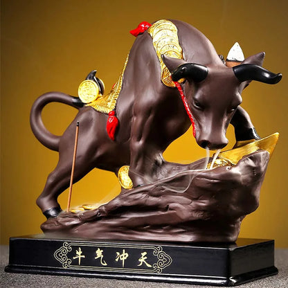 Southeast Asia HOME SHOP TOP decorative ART Bring wealth money GOOD LUCK  Fortune cow bull Ceramic Sculpture Incense Statue