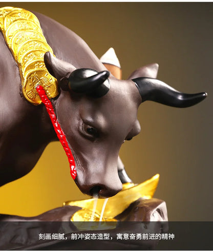 Southeast Asia HOME SHOP TOP decorative ART Bring wealth money GOOD LUCK  Fortune cow bull Ceramic Sculpture Incense Statue