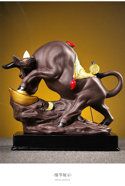 Southeast Asia HOME SHOP TOP decorative ART Bring wealth money GOOD LUCK  Fortune cow bull Ceramic Sculpture Incense Statue