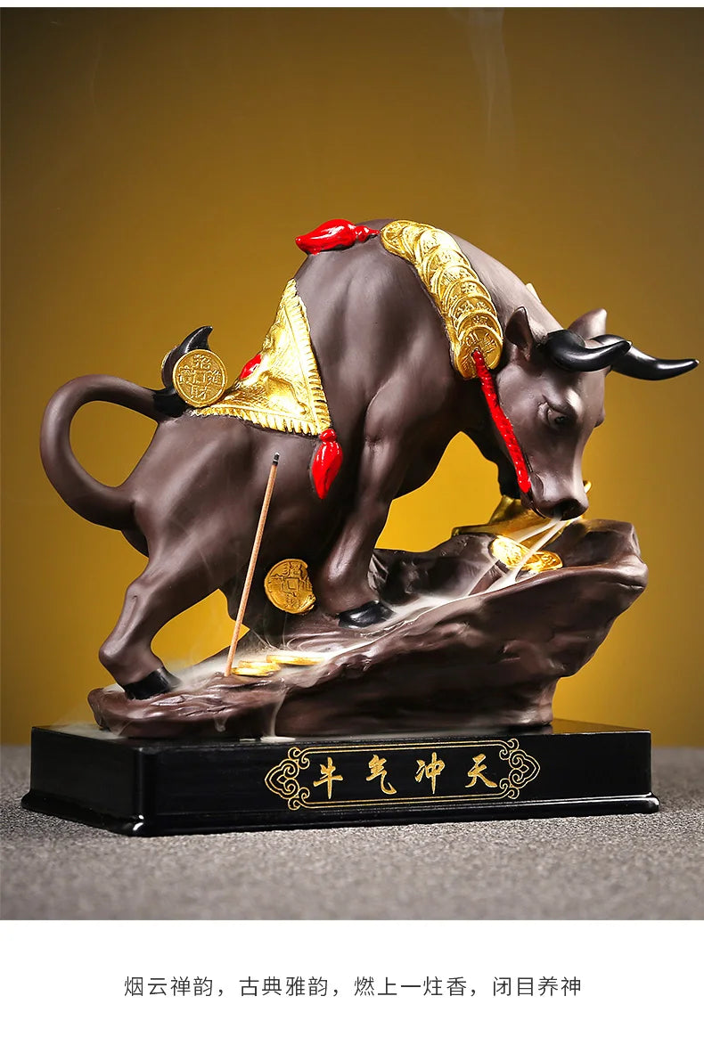 Southeast Asia HOME SHOP TOP decorative ART Bring wealth money GOOD LUCK  Fortune cow bull Ceramic Sculpture Incense Statue