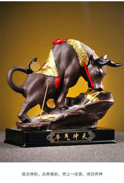 Southeast Asia HOME SHOP TOP decorative ART Bring wealth money GOOD LUCK  Fortune cow bull Ceramic Sculpture Incense Statue