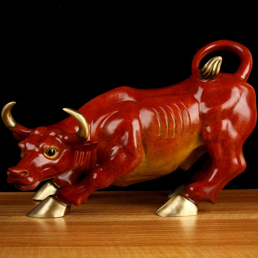 Southeast Asia high grade brass RED GOOD LUCK Wall Street Bull finance stock market cattle mascot HOME company brass statue