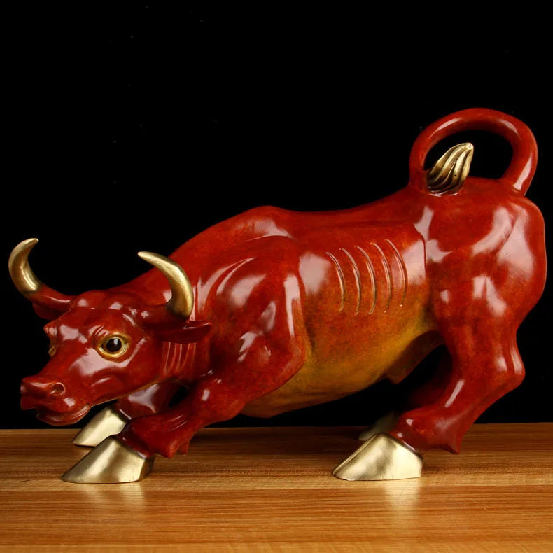 Southeast Asia high grade brass RED GOOD LUCK Wall Street Bull finance stock market cattle mascot HOME company brass statue