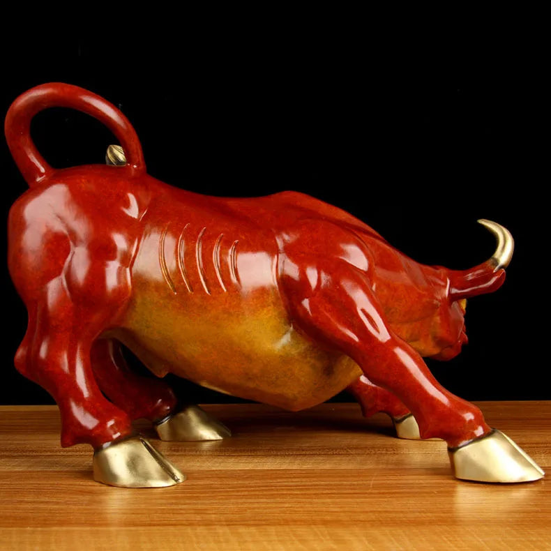 Southeast Asia high grade brass RED GOOD LUCK Wall Street Bull finance stock market cattle mascot HOME company brass statue