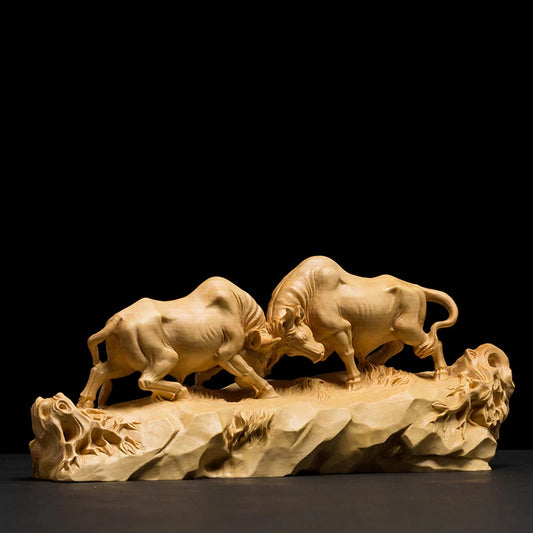 Spanish Bulls Fighting Animal Statue Sculpture Chinese Boxwood Home Decoration Wood Carving