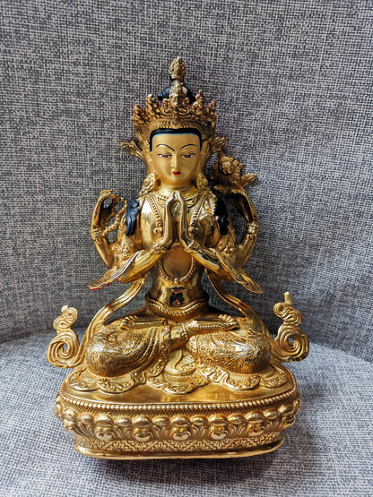 Special Offer # Buddhism Tibet HOME family gilded copper Four-armed Avalokitesvara GUAN YIN Buddha statue safe health good luck